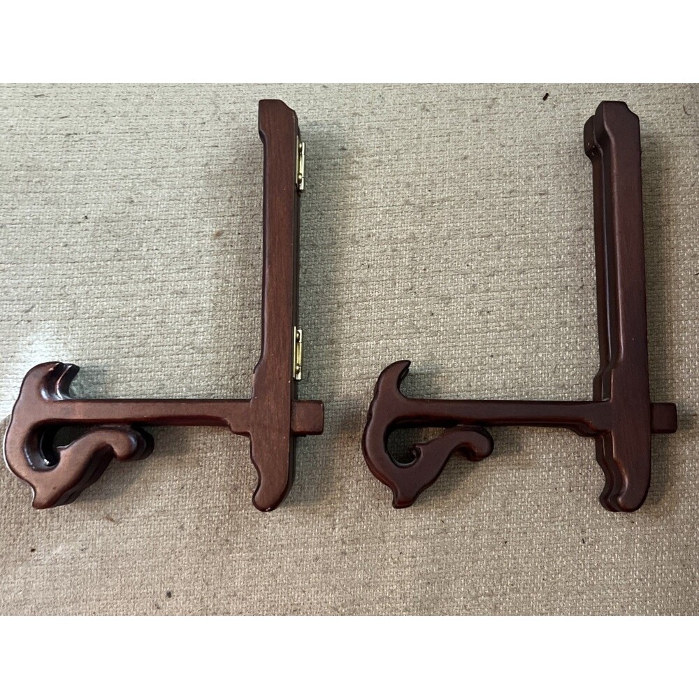 2 Vintage Chinese Wood Folding Display Easel Plate Stand 6” Scroll Form